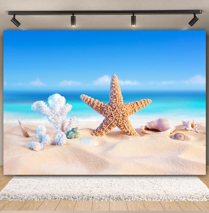 Sommer Strand Sand Hintergrund Fotografie Tropisch Hawaii Meeresufer Seestern Muschel Baby Geburtstag Feiertagsparty Hintergrund Foto Requisiten