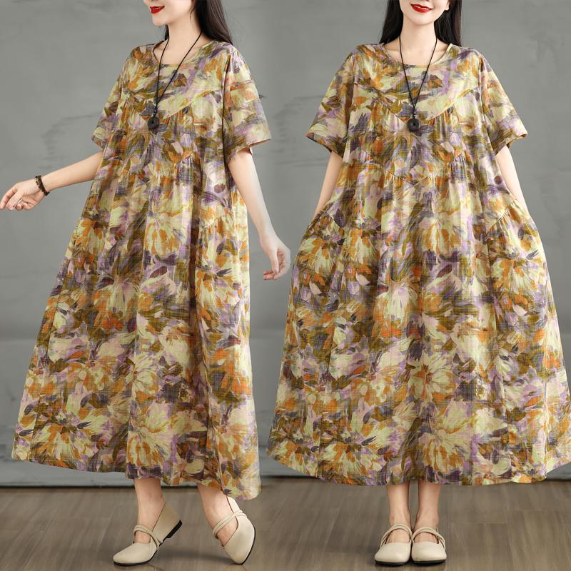 DIMANAF 2025 Women Plus Size Dress New Loose Summer Floral Dress Elegant Linen Basic Casual Vintage Dress Maxi