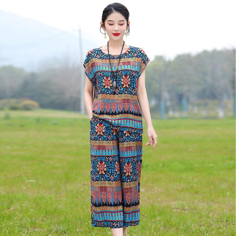 Cotton Silk Two Piece Set Womens Summer Outfit Loose Short Sleeve T-shirt and Pants Casual Trendy Plus Size