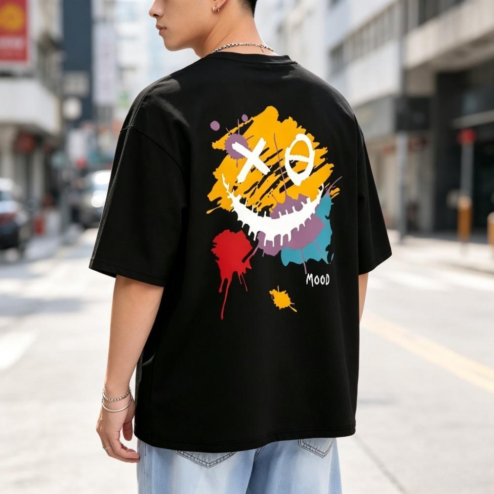 Happy Mood Graffiti Paint Print T Shirt Unisex Summer Hip Hop Streetwear Crew Neck Breathable Pure Cotton Casual Top