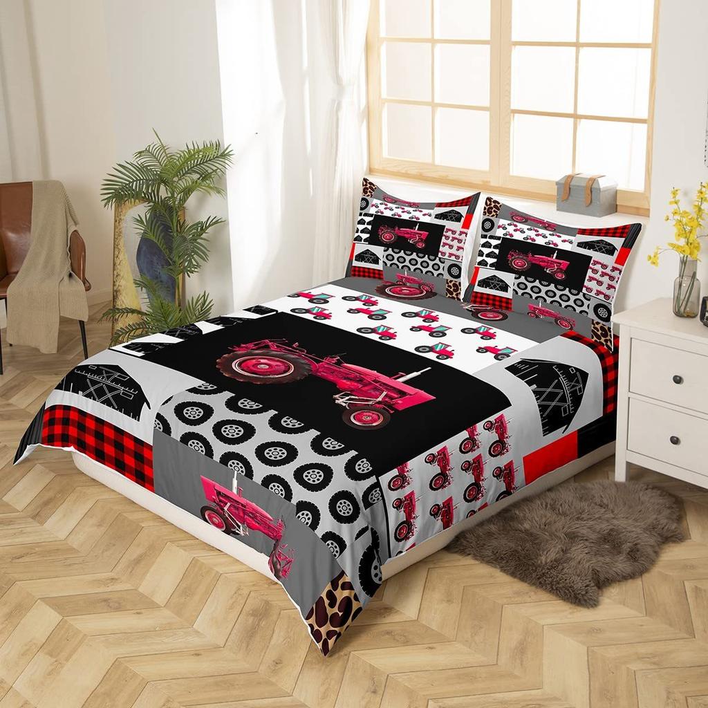 Red Agricultural Tractor Three-Piece Quilt Cover 3D Digital Printing Bedding Set Bed Cover