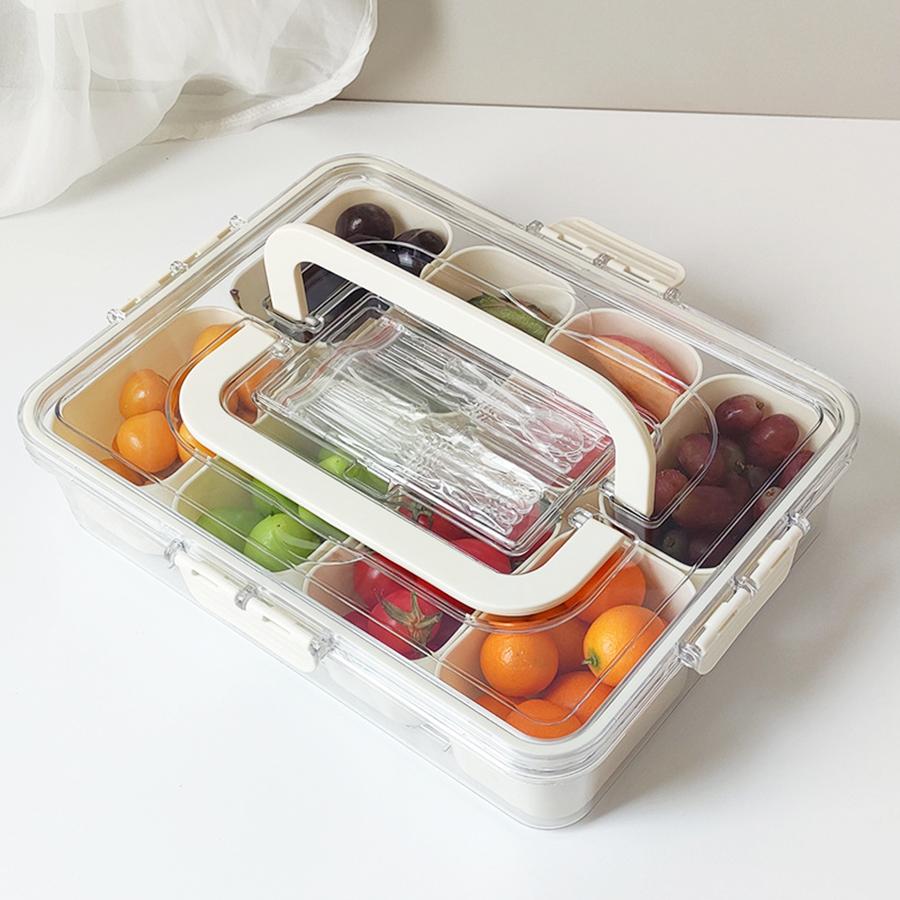 Snackle Box Container, Divided Serving Tray with Lid and Handle, Adding Cutlery Organizer with Fruit Forks and Spoons, Snackle