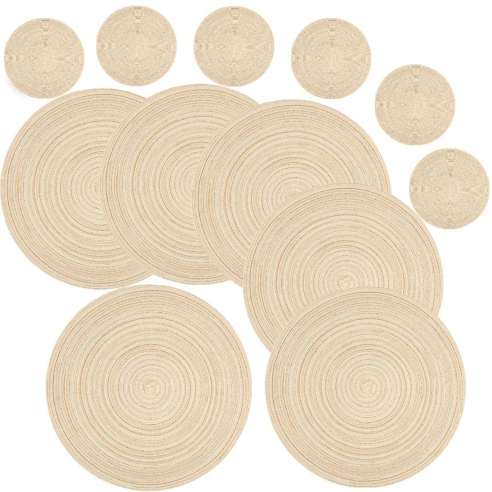 6Pcs Round Table Mat and Cup Coasters Set Woven Ramie Placemats Anti Slip Dining Placemats Non-Slip Tableware Bowl Pads Kitchen