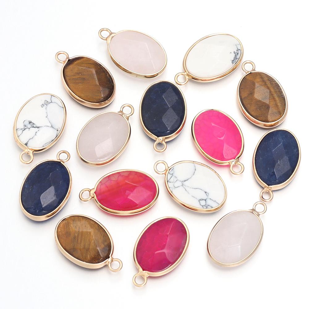 2 Pcs Natural Stone Charms Gold Edge Oval Shape Pendant for Jewelry Making Accessories DIY Necklace Bracelet Earring Supplies
