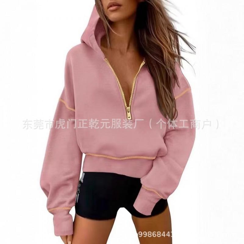 Womens Loose Fit Hooded Sweatshirt Casual Zip Up Solid Color Pullover