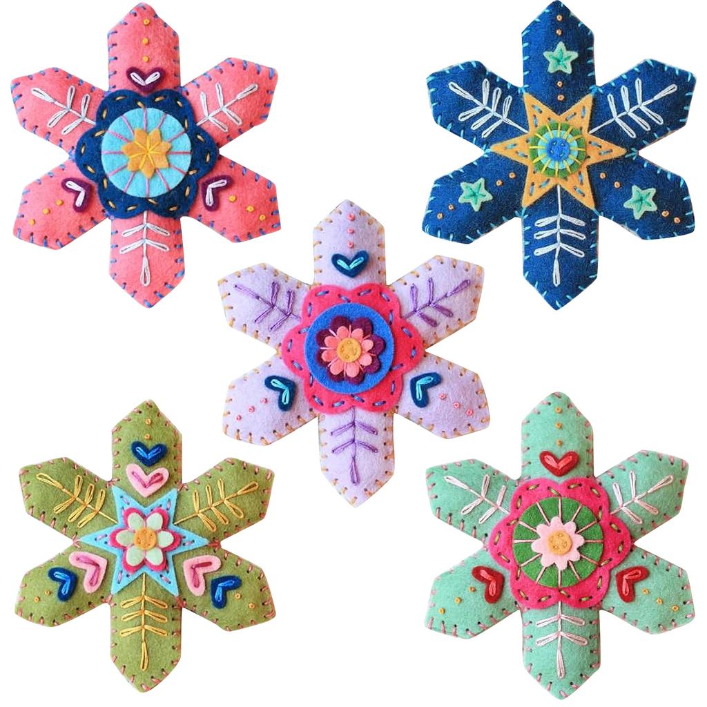 Christmas Snowflake Felt Ornament Kit with Pre-Cut Felt 3D Embroidery Needlepoint Kit Xmas Felt Snowflake Pendant Crafts