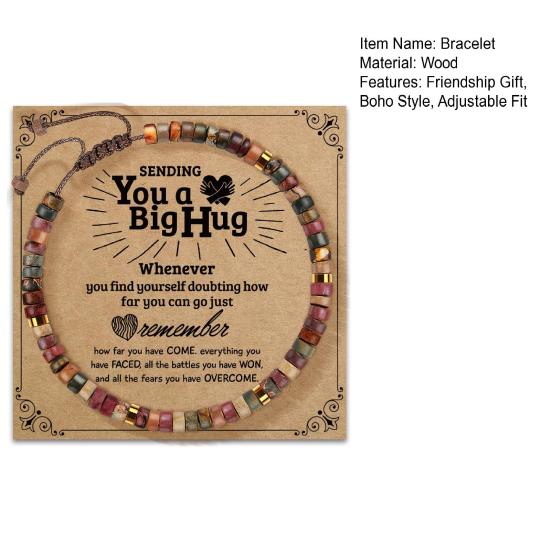 Boho Wood Bead Bracelet Wooden Flat Beads Bracelet Adjustable Friendship Bracelet with Inspirational Card Gift for Men Women