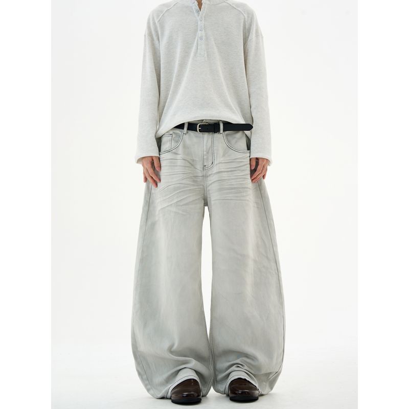 Kisko American Retro Washed Whiskered Baggy Scimitar Jeans Unisex Trendy Loose Straight-Leg Distressed Pants