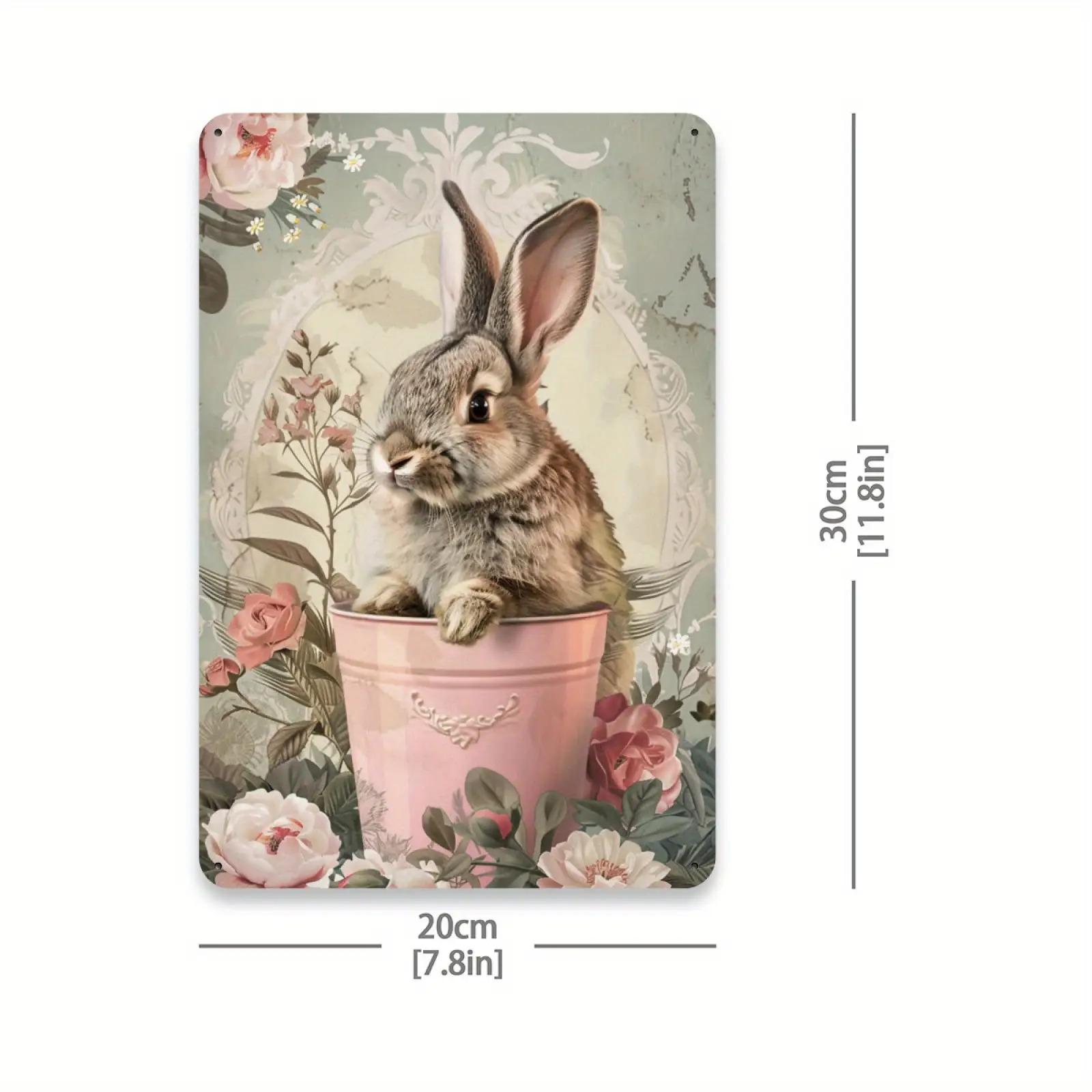 

Vintage Rabbit Metal Wall Art x Inch Rustic Bunny Decor with Pink and Green Floral Design Perfect for Home Office 20x30cm（7.8x11.8inch）