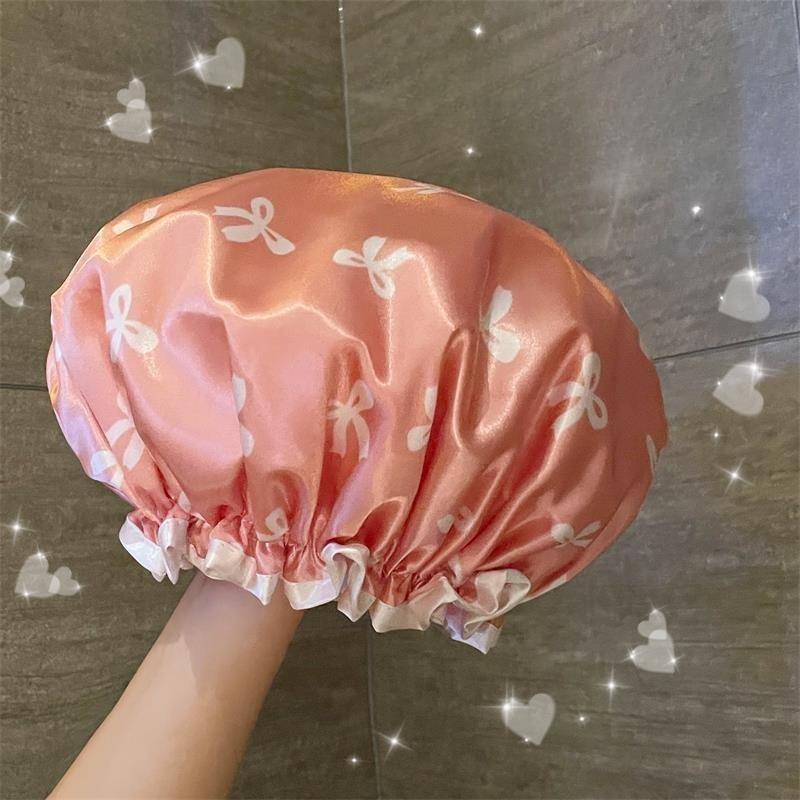 Double-layer Shower Cap  Waterproof Hair Cap  Gold-embossed Printed Polyester-cotton PEVA Shower Cap  Women's Bathing and Bathing Style
