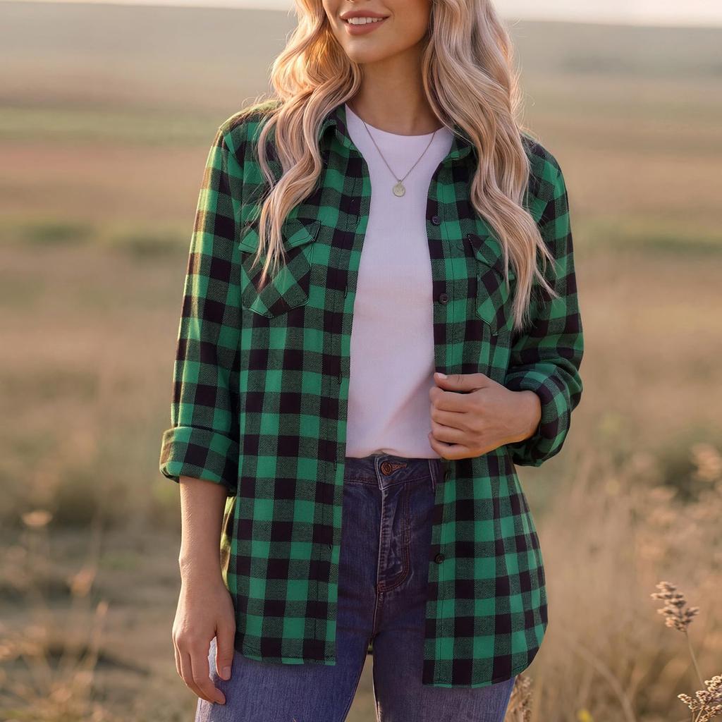 Women's Casual Plaid Long Sleeve Shirt Jacket with Lapel Collar for Everyday Wear