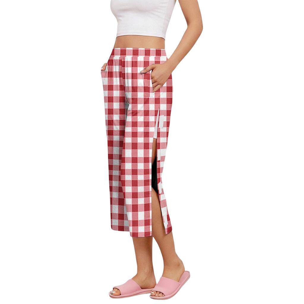 Pantaloni Capri da Donna per il Recupero Post-Chirurgico con Apertura Laterale, Vita Elastica, Leggeri, Comodi, Vestibilità Larga, Fantasia a Quadri