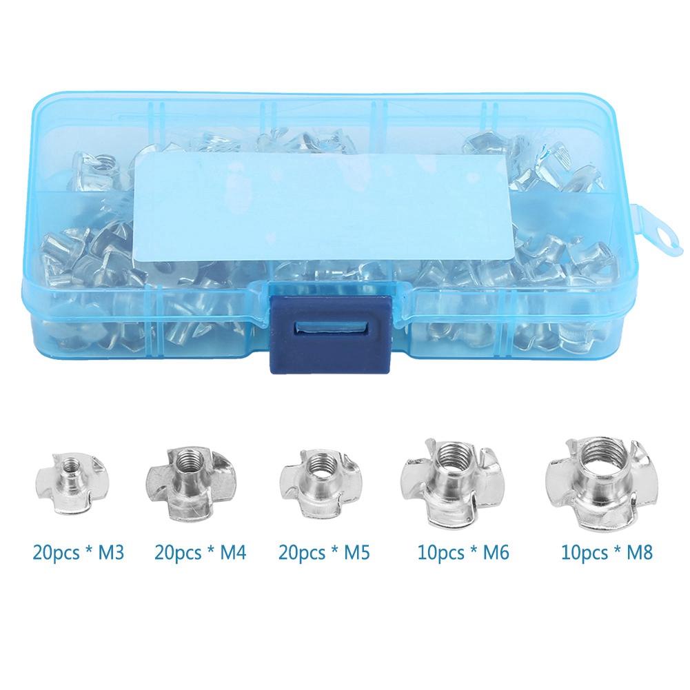 80pcs Carbon Steel T Nut Four Pronged M3 4 5 6 8 Tee Nuts Kits For Woodworking Furniture