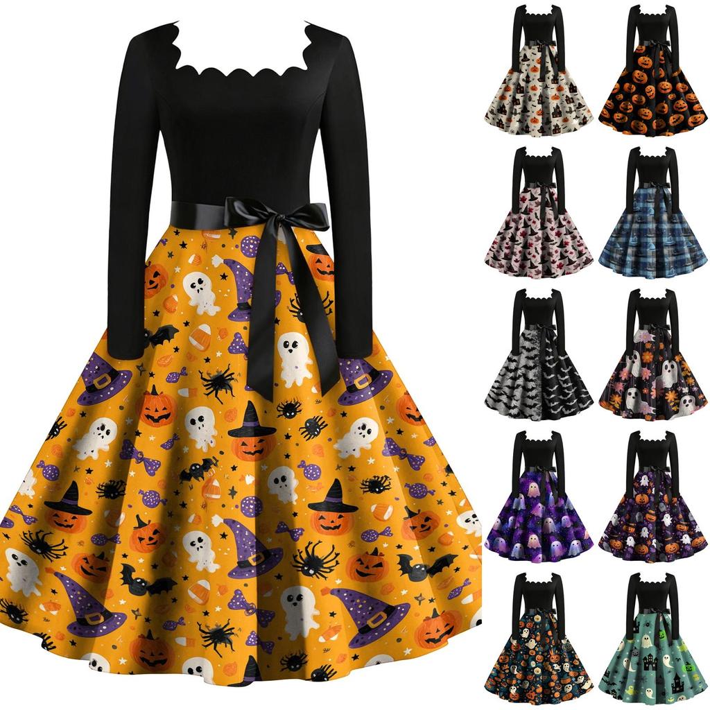 Women's Vintage Long Sleeve Square Neck Party Dress Halloween Printed Full Skirt Midi Dress with Waist Tie Belt Retro Style