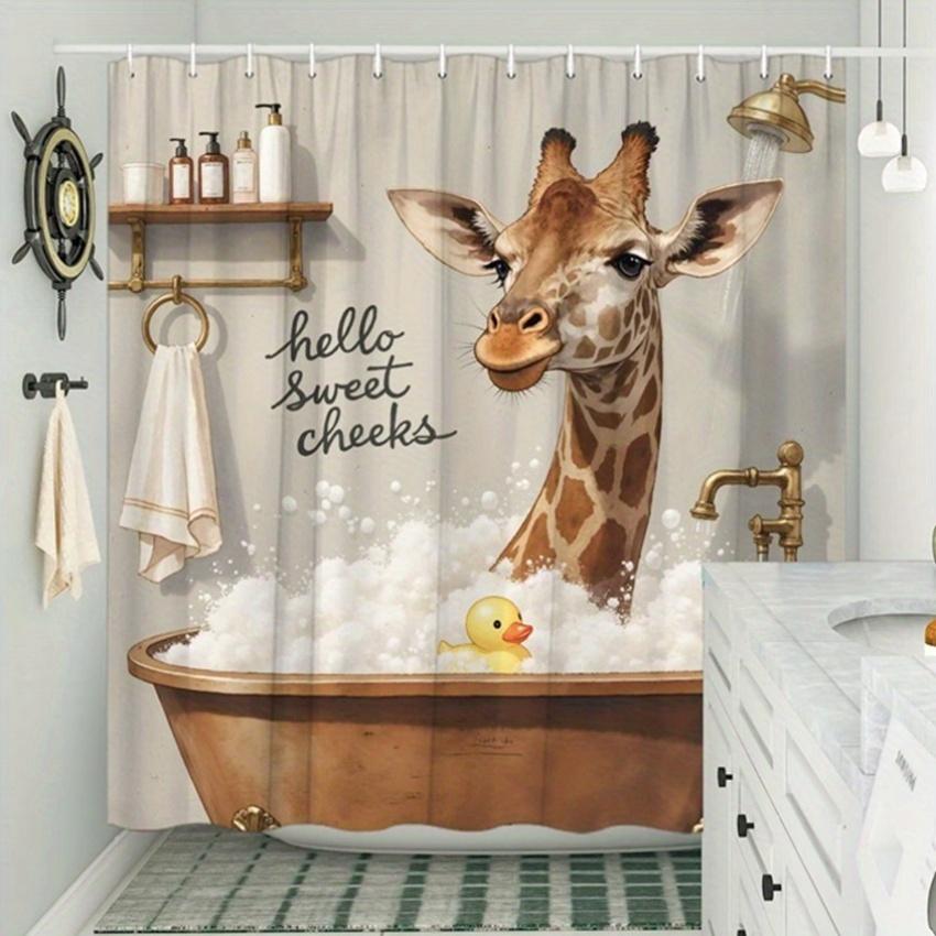 "Giraffe & Ente Duschvorhang für die Badewanne - Polyester, Waschbar, 6-12 Haken, Hello Sweet Cheeks Design, Modische Badezimmerdeko"
