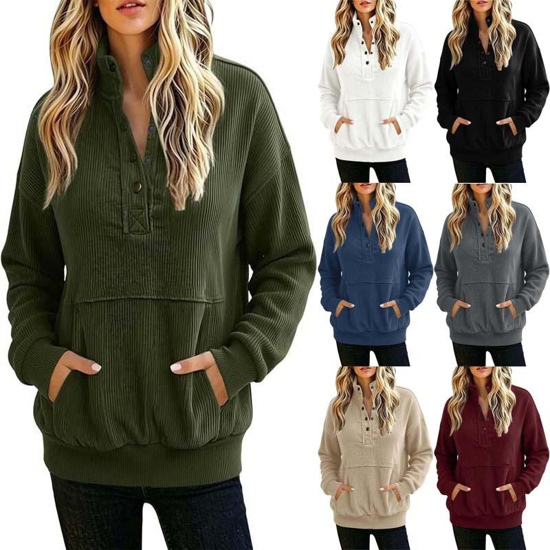 Fall/Winter Solid-color Padded Long-sleeved Buttoned Fashion Street-style Women's Hoodie