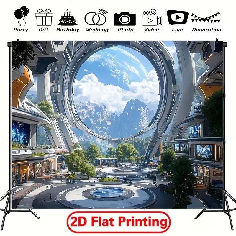 2D Sci-Fi Space Station City Tapestry Modern Future Earth View Background Cloth