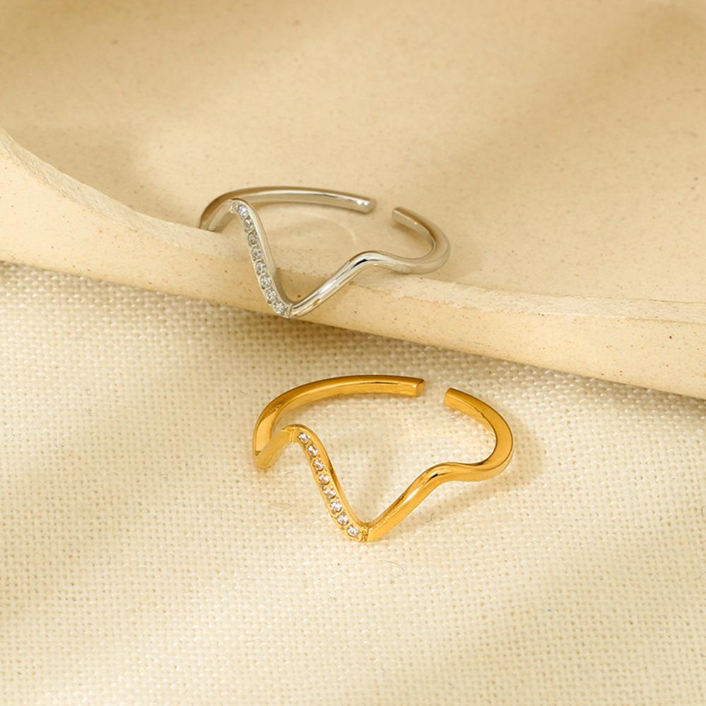 Ins Simple Wave Micro-inlaid Zircon Opening Ring Does Not Fade Plated with 18k Gold Stainless Steel Versatile Jewelry Women