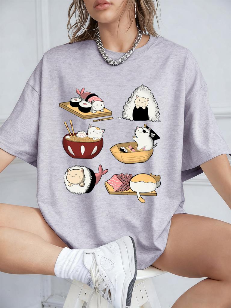 Kawaii Sushi Cats Printing TShirts Womens Summer Cotton Short Sleeve T Shirt Loose ONeck Comfortable Tops Casual Woman Clothes