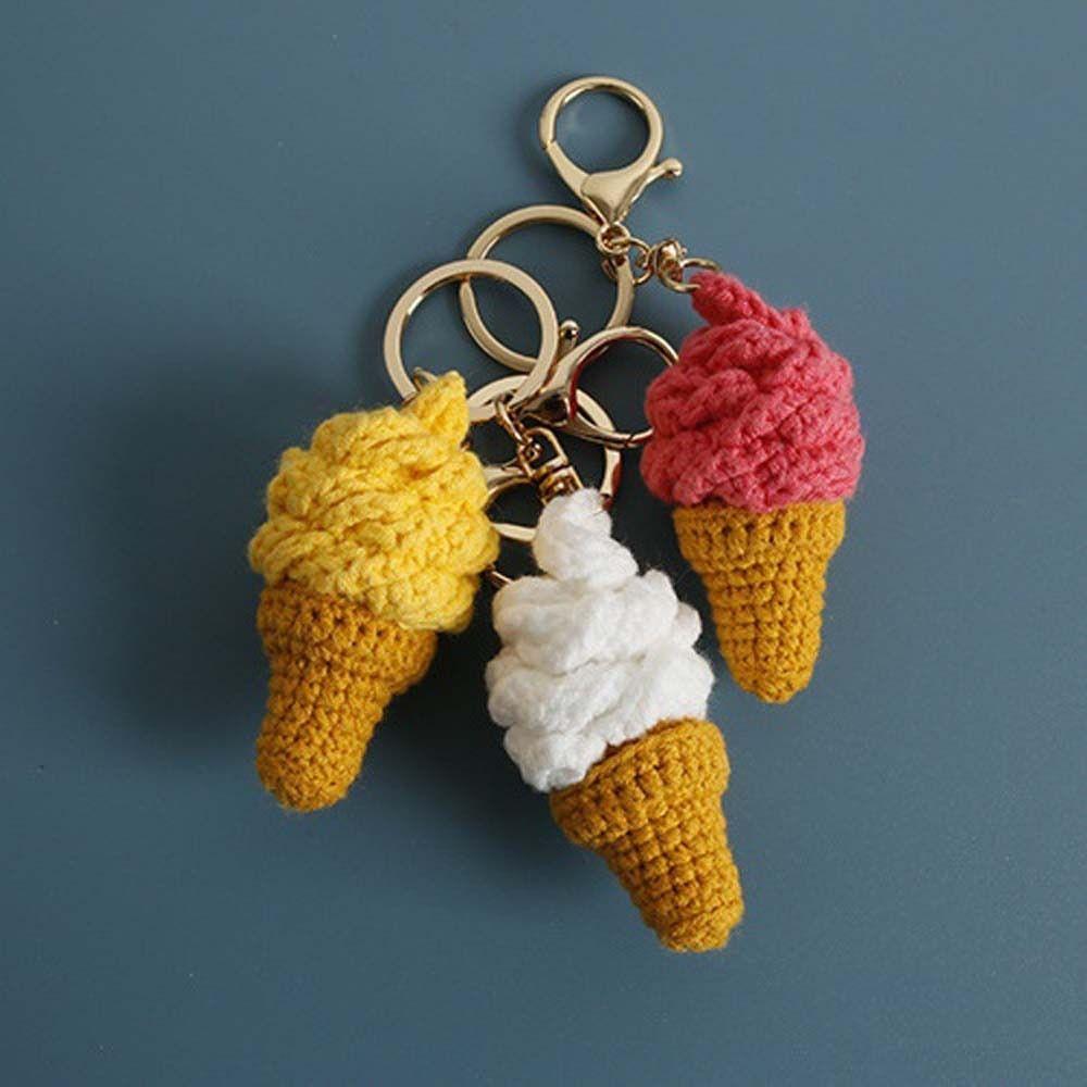 Exquisite Handmaking Ice Cream Pendant Woven Ice Cream Cone Crochet Keychain Mini Cartoon Knitted Keyrings Backpack