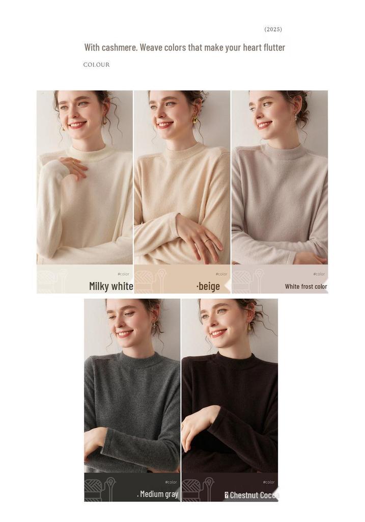 Women's Cashmere Sweater - Shoulder Pad Half-High Collar Knit Pullover for Autumn/Winter