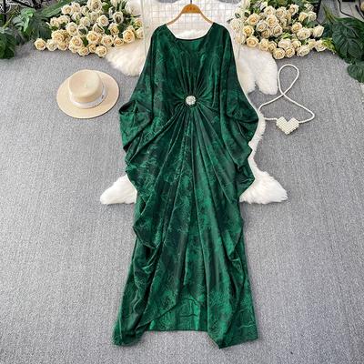 38 Colors Boho Floral Print V Neck Batwing Dress 2026 New Women Elegant Drawstring Waist Asymmetric Maxi Dress
