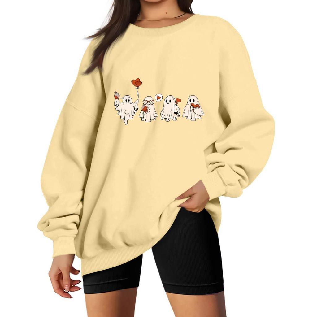 Women's Long Sleeve Neck Sweatshirt Loose Fit Casual Pullover Top with Small Halloween Print