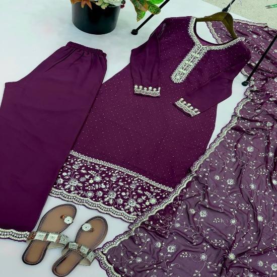 Royal Deep Purple Embroidered Kurti with Palazzo & Dupatta Set