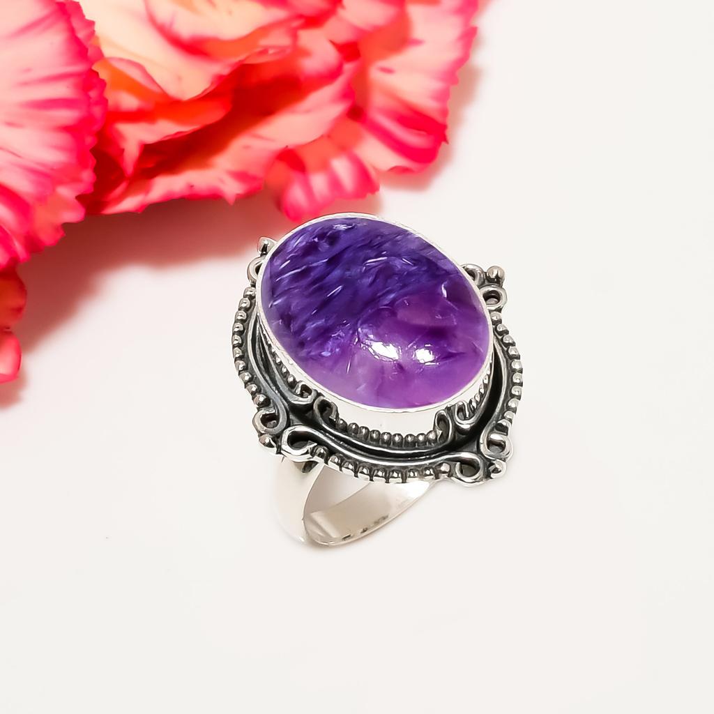 Purple Charoite - Siberia 925 Sterling Silver Ring V4572, Purple Ring, Oval Ring, Valentin's Day Gift, Gift For Her, Birthday Gift, Handmade Jewelry,