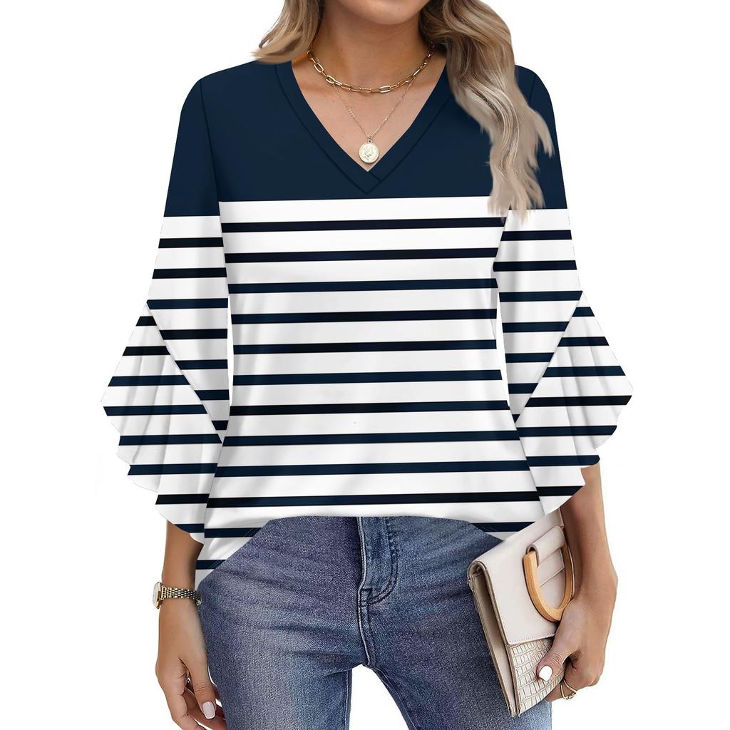 Damenmode Lässig Sieben-Minuten-Ärmel Streifendruck Oberteil V-Ausschnitt T-Shirt Glockenärmel Hemd