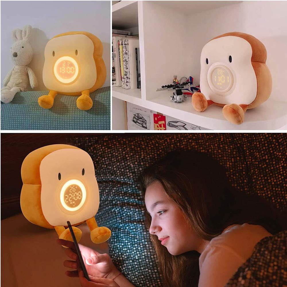 D2 Toast Plush Alarm Clock Lamp Rechargeable Dimmable Bedside Bedroom Clock with Dual Snooze Alarm Kids Cute Decor Night Light