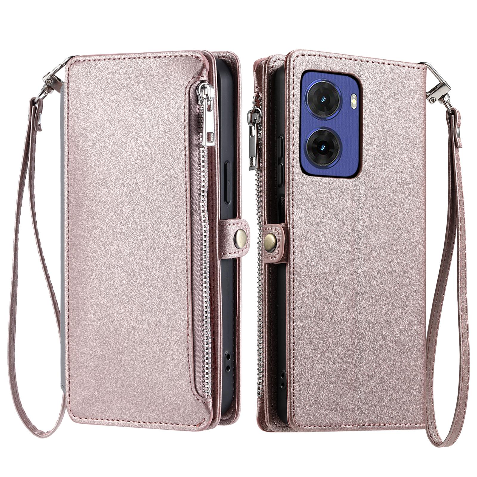 

015 Style For Motorola Moto G05 4G Case TPU+PU Leather Wallet Phone Cover with Straps Rose Gold