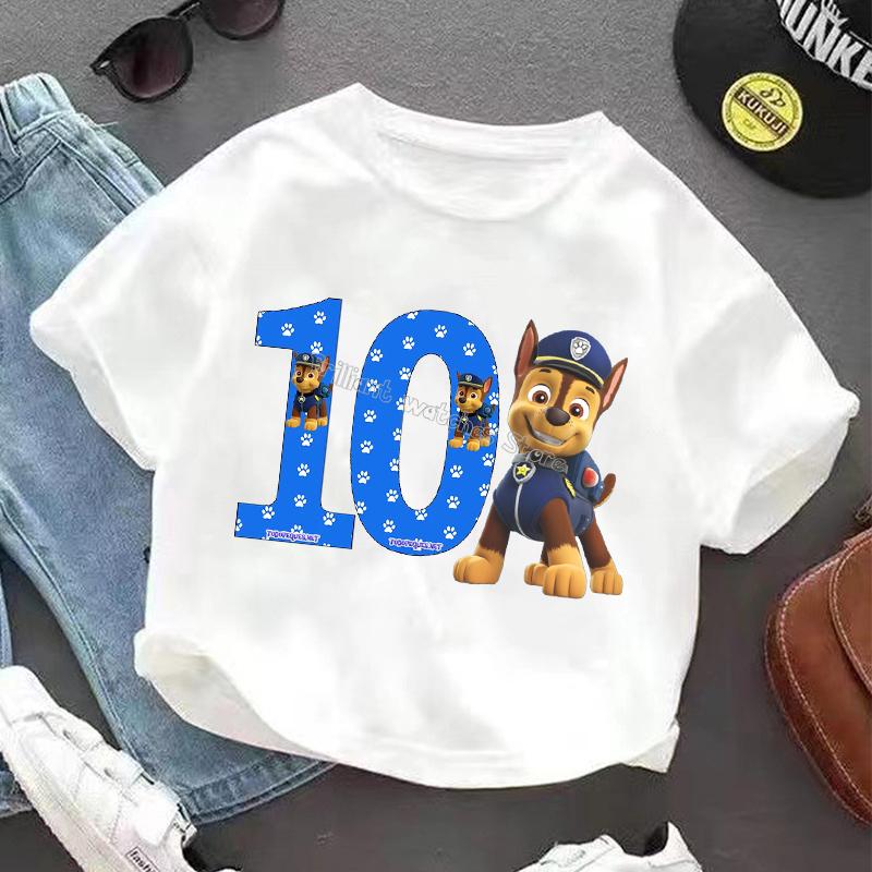 Paw Patrol Chase T-shirt for Children Birthday Figure Tee Top Boys White Clothes Cartoon Short Sleeve Kids Loose Clothing Gift