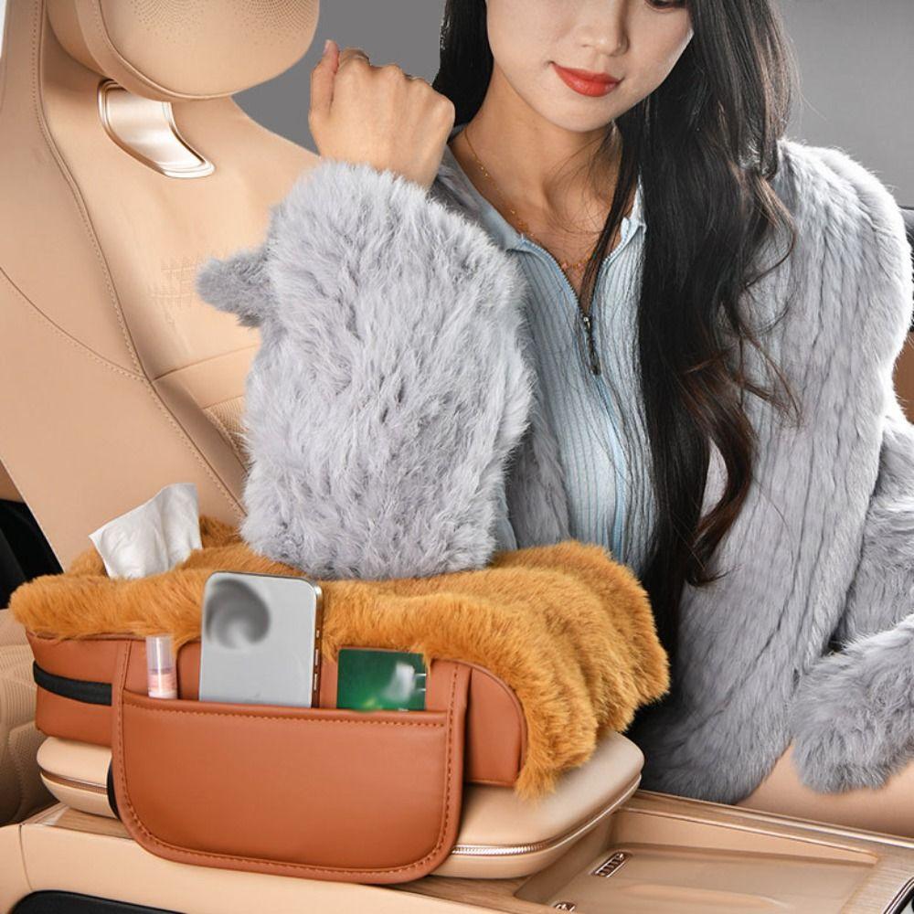 Plush Universal Car Tissue Box Three-in-one Car Armrest Pad  Automotive Use