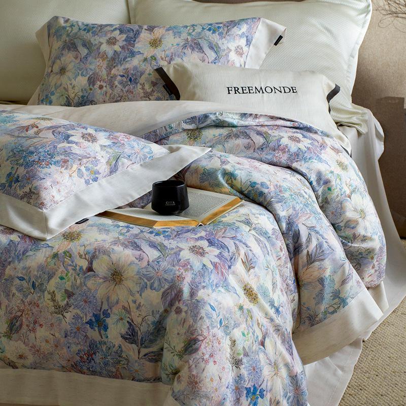 Luxury Floral Retro Tencel Cotton Linen 4-Piece Bedding Set: Cool & Smooth Duvet Cover for All Seasons