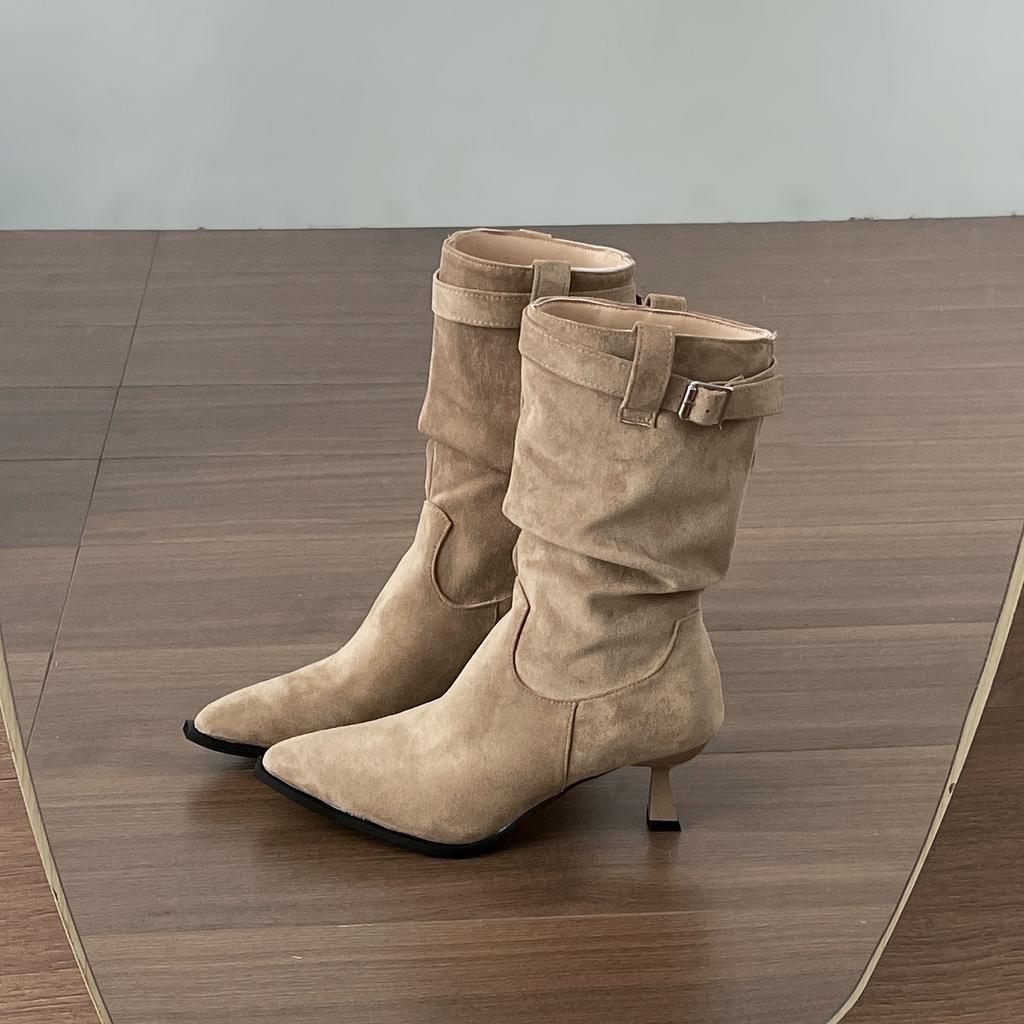 British Style Retro Fine High-heeled Pointed Short Boots Women's 2025 New Autumn with Skirt Height-increasing and Thin Stacking Boots