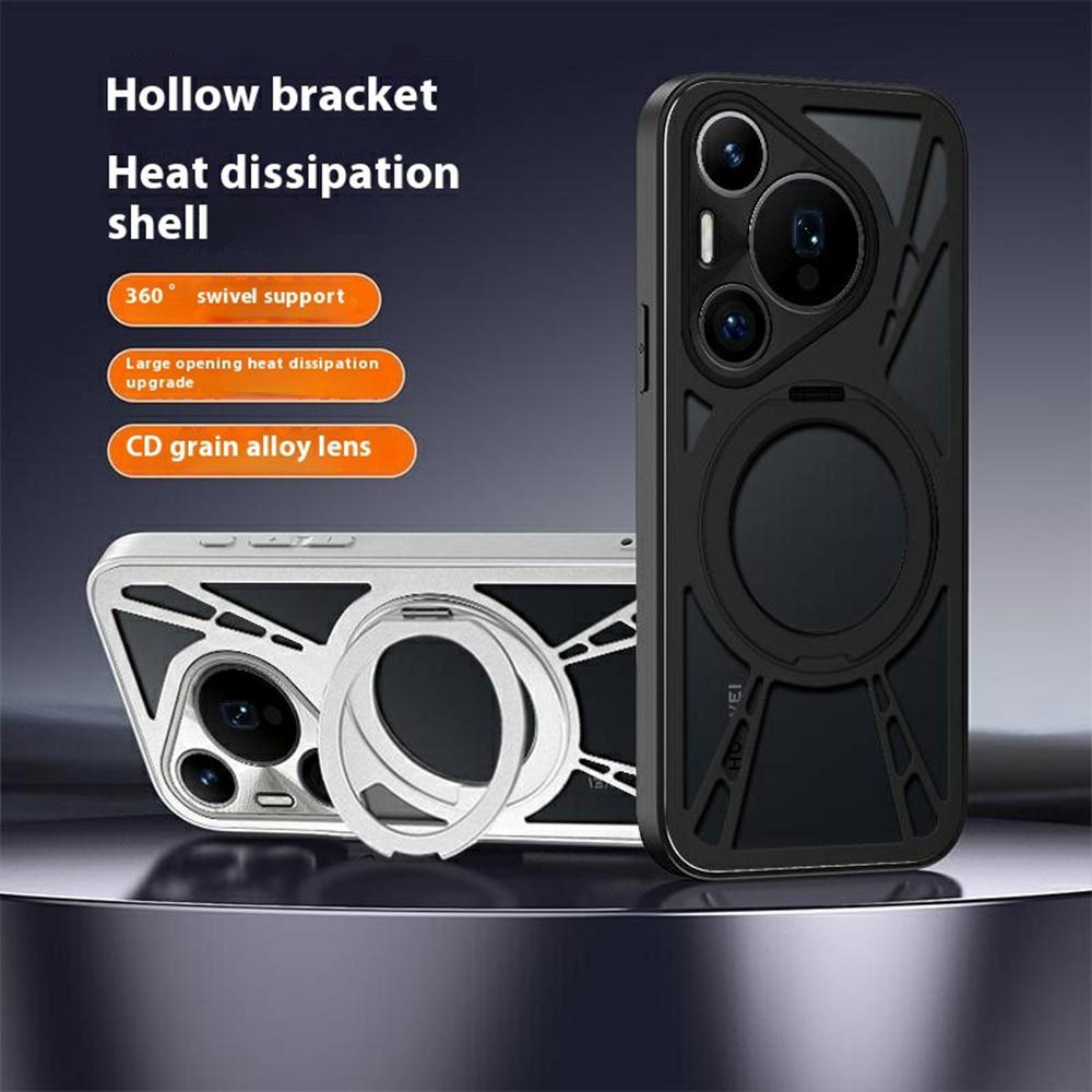 

For Huawei Pura 70 Case Magnetic Kickstand Hollow Heat Dissipation Silicone+PC+Metal Bumper Phone Cover Silver