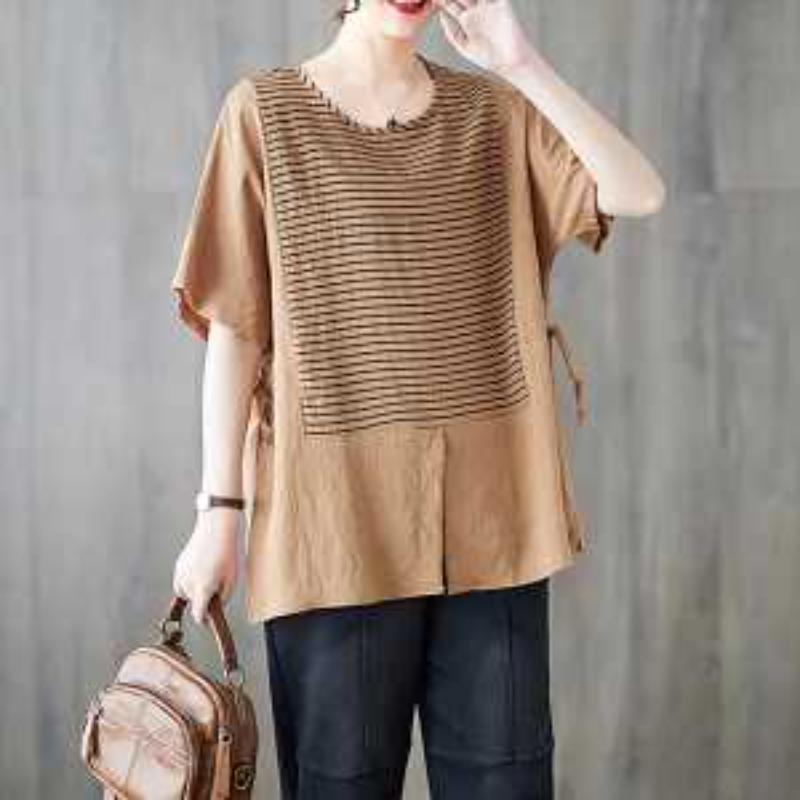 Summer Thin Striped Loose Round Neck Pullover Printed Top New Ice Silk Cotton Linen Women's T-shirt