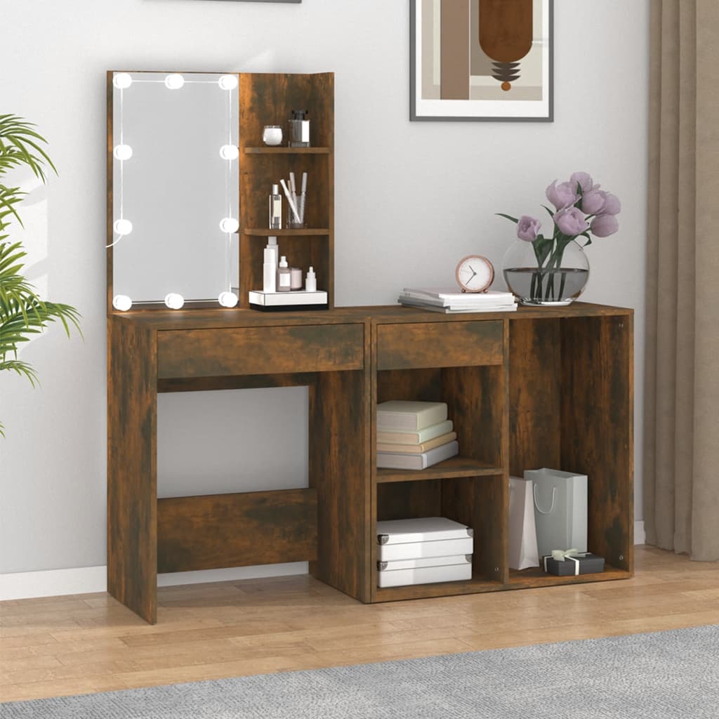LED Vanity Table with Cabinet Smoked Oak Wood Based Material