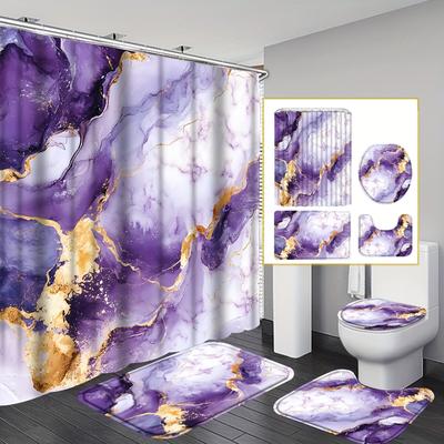 4Pcs Bathroom Shower Curtain Set Purple Golden Pattern Bathroom Curtain With 12 Hooks Non Slip Rugs Toilet Cover Mat Bathroom Partition