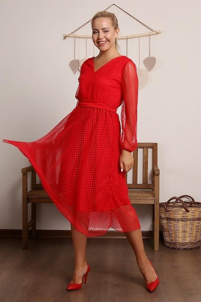 Women's Big Size Dress Green Lined Polka Dot Tulle Plus Size Belted Dress