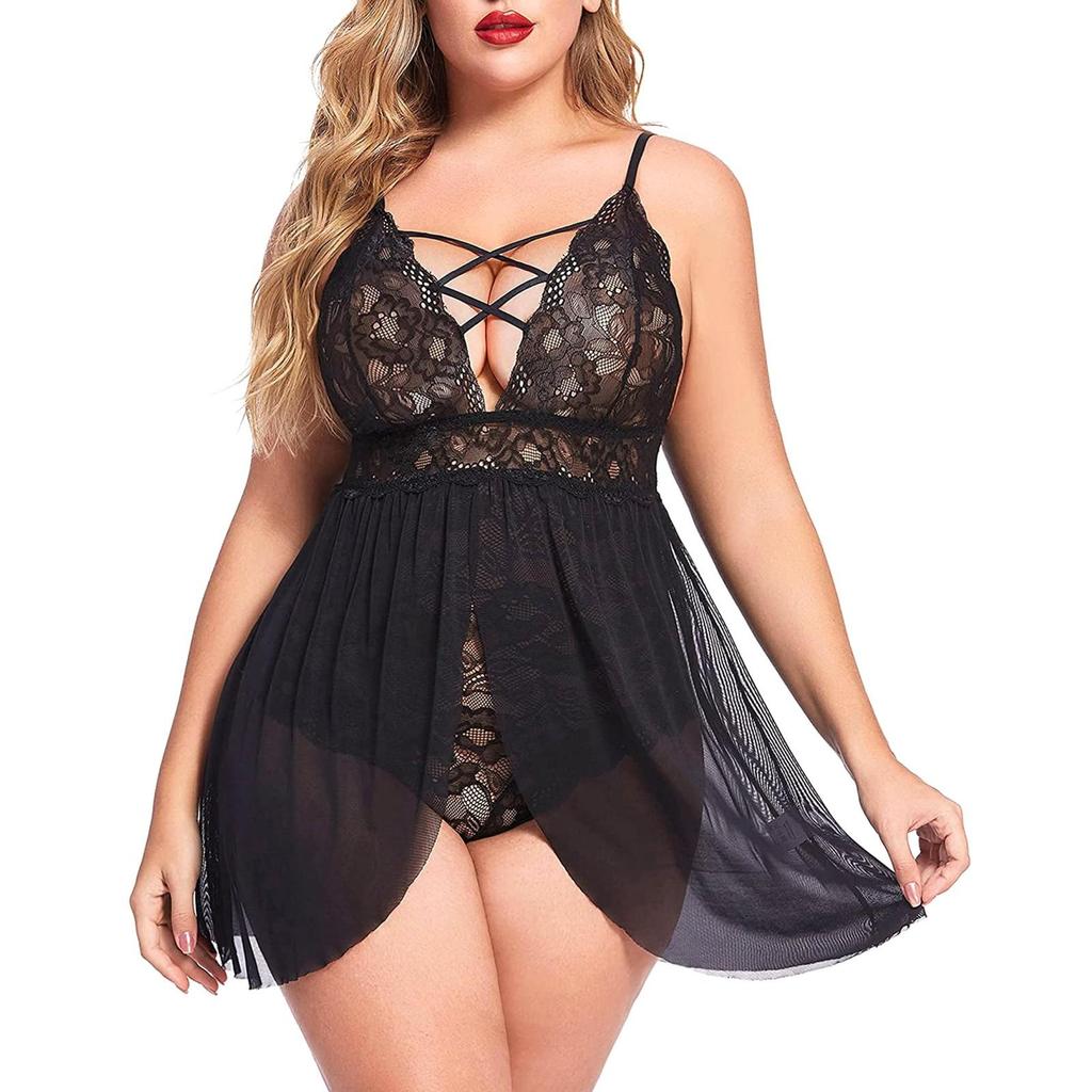 S-4XL Sexy ženy Krajka Babydoll Spodní prádlo Noční košile Průhledné Noční prádlo Minišaty na spaní