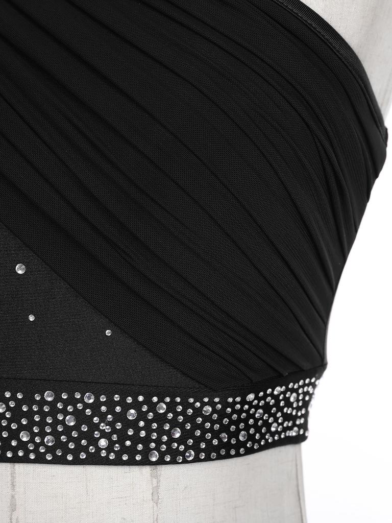 Womens Contemporary Dance Top Single Shoulder Design Mesh Overlay with Rhinestones Stretch Fabric Crop for Stage Shows