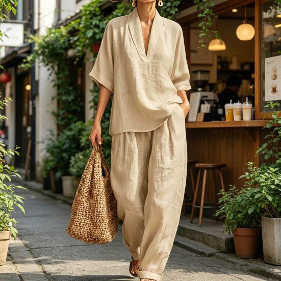 Completi Estivi da Relax a 2 Pezzi per Donna con Scollo a V, Manica Corta e Pantaloni a Gamba Larga, Set Casual per Viaggi e Vacanze