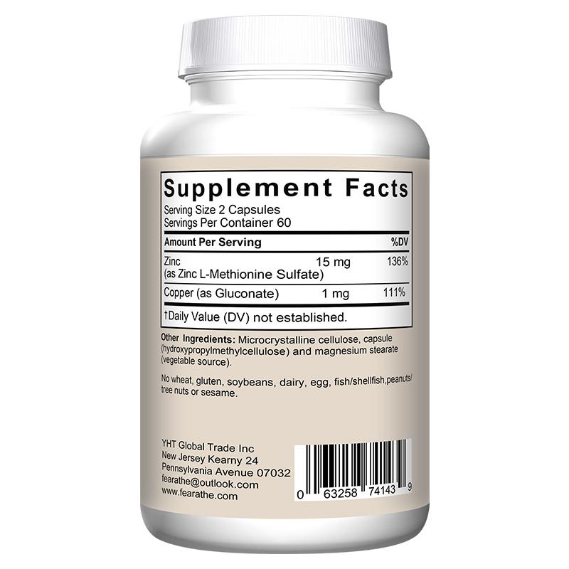 Fearathe Zinc Supplement, 15mg, with Copper 1mg, Vegan,120 Caps
