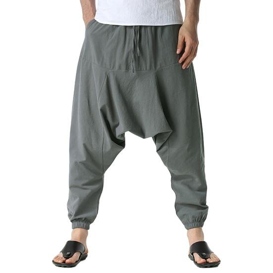 Drop Slacks Deep Crotch Mid-Rise Drawstring Elastic Waistband with Large Capacity Pockets Loose