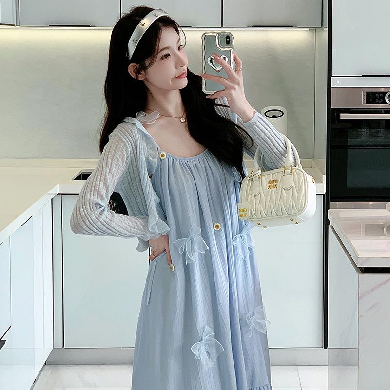 Spring/Summer 2026 Maternity Two-Piece Set: Sweet Bow Strap Dress with Cardigan 2XL