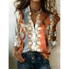 Ladies' Luxurious Shirt - Orange-blue-gold Chain Printed Button-down Blouse | The Overall Style Is Suitable for Evening Events, Weddings, and Parties