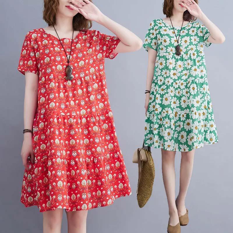 

Хлопковое льняное платье женское летнее ретро свободное тонкое повседневное юбка средней длины