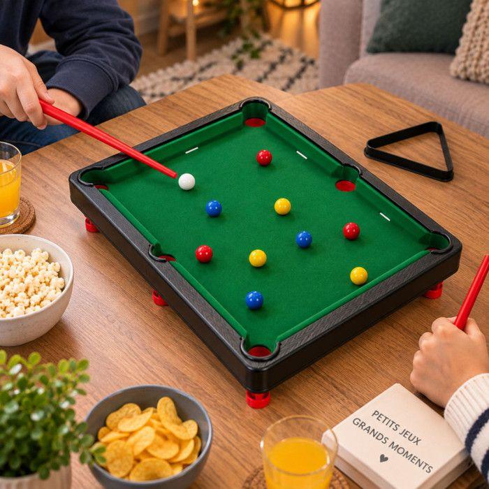 Jeu de table (Billard) - B&G INTERNATIONAL - Mini 38 x 23 cm - Format compact - 6 poches tapis vert - Accessoires inclus